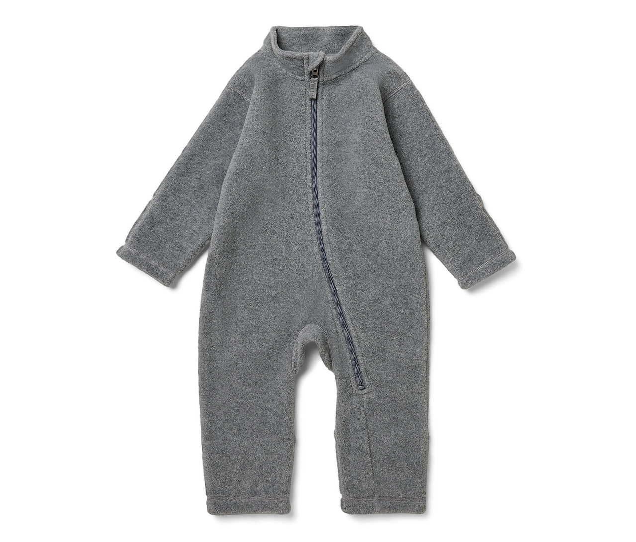 Grauer Baby-Fleece-Einteiler mit langen Ärmeln und Reißverschluss in der Mitte.