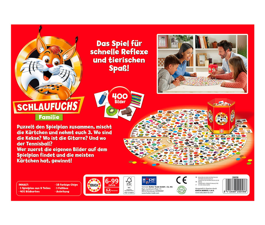 Packung des Spiels "Schlaufuchs Familie" mit einer Familie, die das Spiel spielt.