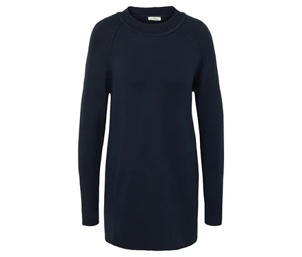 Dunkelblaues Strickkleid mit langen Ärmeln auf weißem Hintergrund.