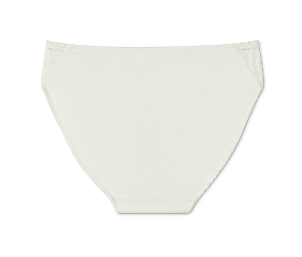 Ein einzelner, cremefarbener Slip mit Spitze an den oberen Ecken.