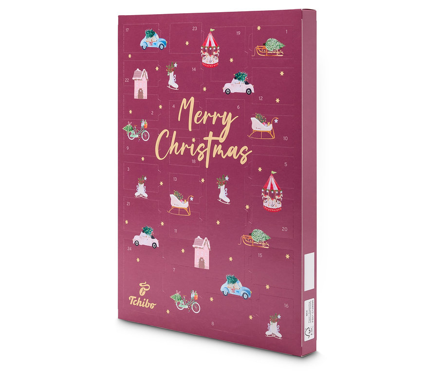 Ein burgunderroter Tchibo Adventskalender mit Weihnachtsmotiven.