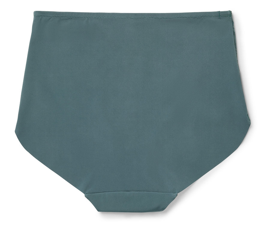 Detailaufnahme einer türkis-farbigen Damen-Badehose auf weißem Hintergrund.