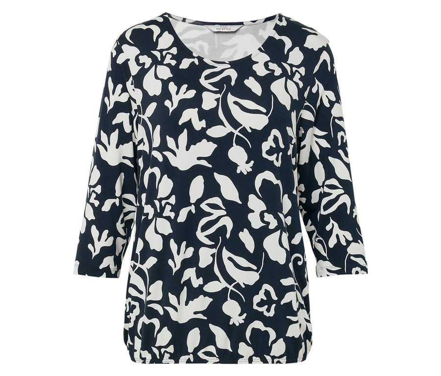 Damen-Top mit Dreiviertelärmeln, marineblau mit weißen Blumenmustern.