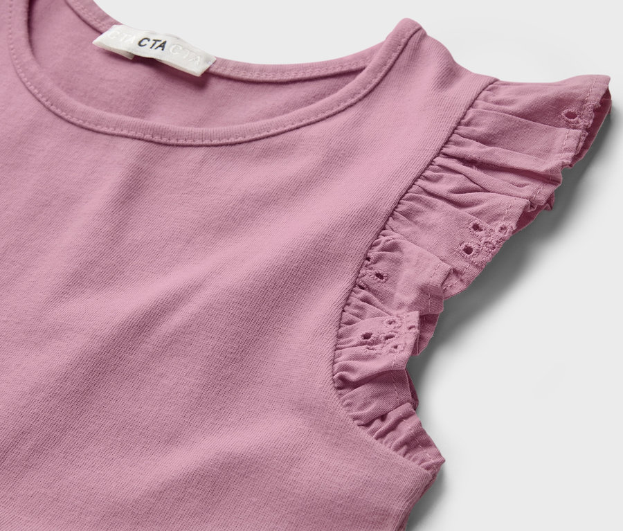 Detailaufnahme eines Kinder-Kleids mit Rüschen.