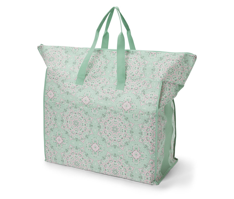 Eine Jumbo-Bettwarentasche mit Mandala-Muster in Grün und Rosa.