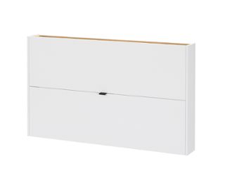 Korpus weiß<br>Oberboden, Einlegeböden und Rückwand Navarra-Eiche<br>Kantengriffe schwarz