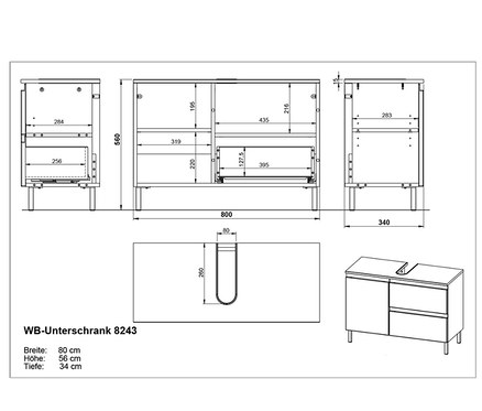 Technische Zeichnung von einem großen Salinas Waschbeckenunterschrank in Kaschmir.