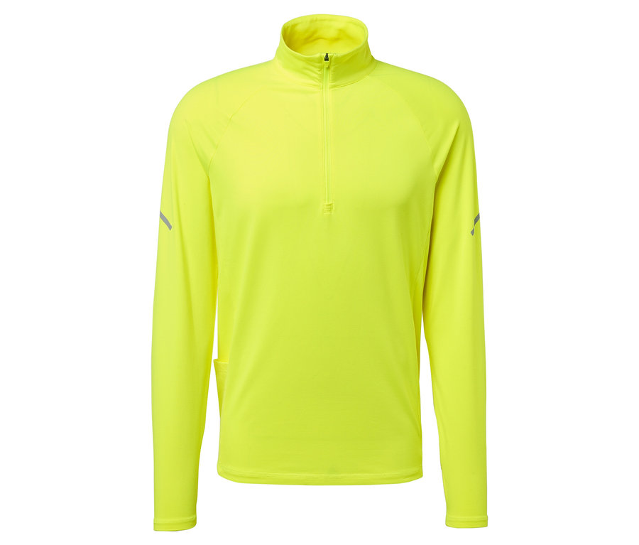 Gelbes, langärmeliges Oberteil mit Reißverschluss am Hals.