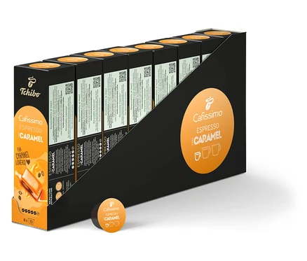 Eine Packung Cafissimo Espresso Caramel, 80 Kapseln in einer schwarz-weißen Verpackung.