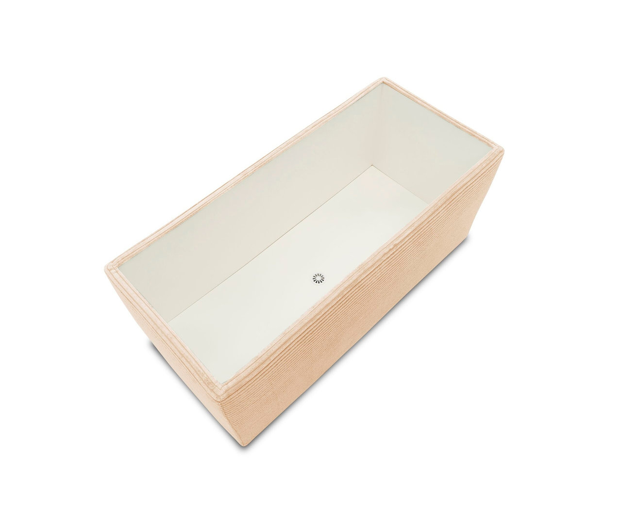 Draufsicht auf einen beigen DOMO Hocker mit Staufach auf weißem Hintergrund.