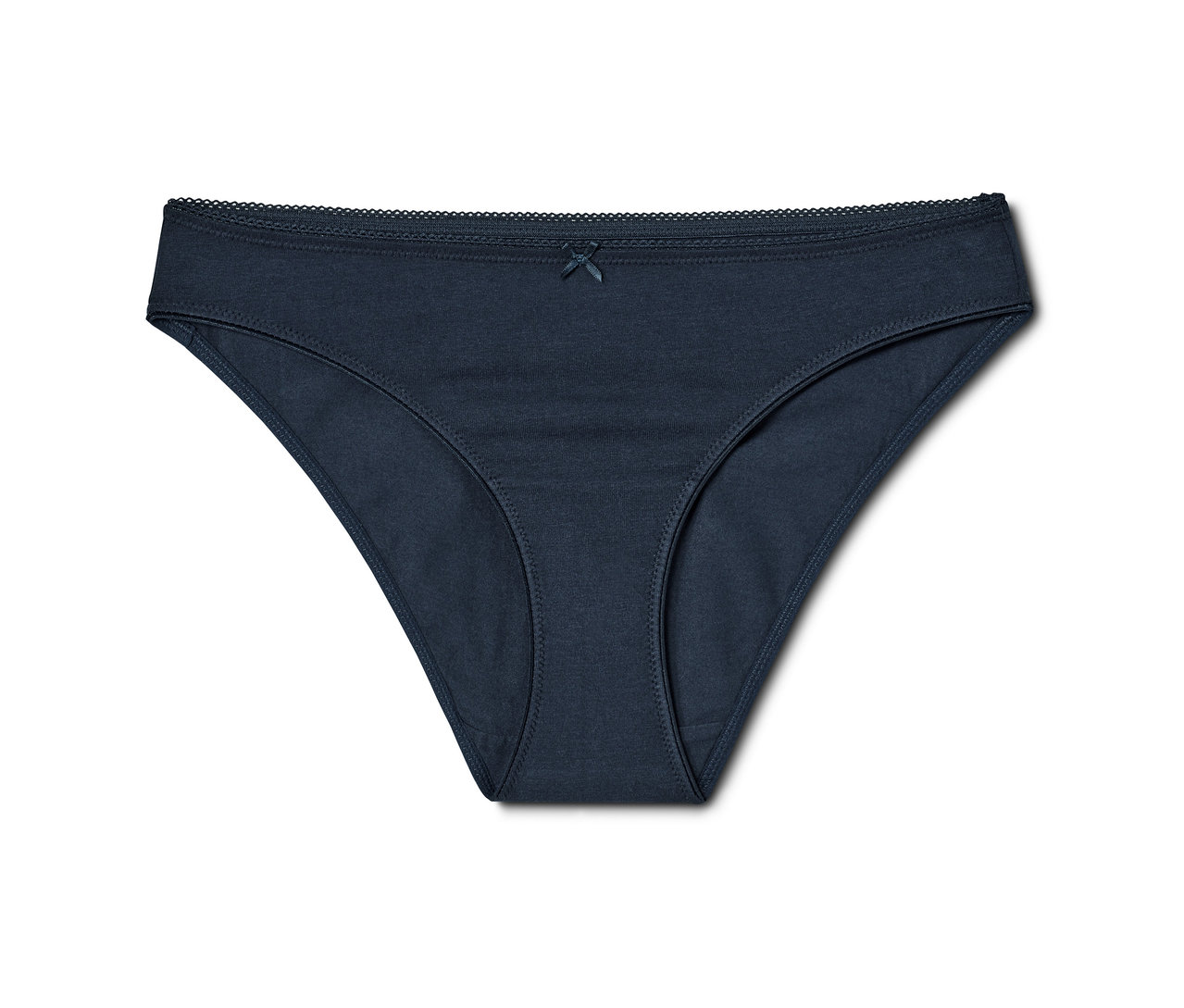Nahaufnahme eines einzelnen marineblauen 5 Slips mit einer dekorativen Schleife in der Mitte des oberen Randes.