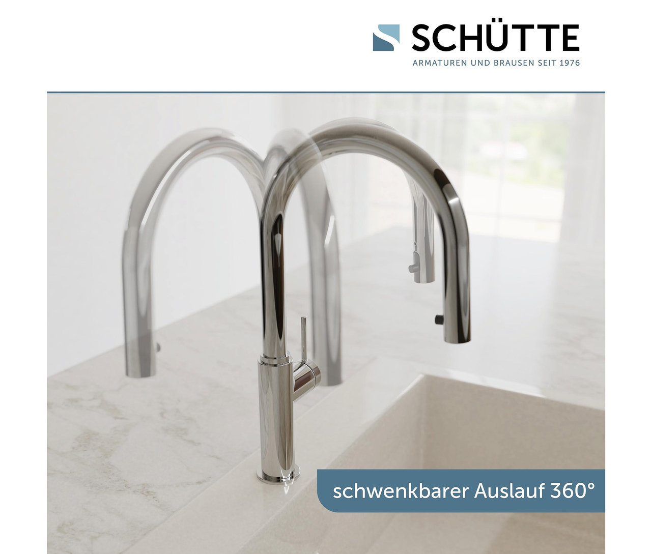 Verchromter Wasserhahn mit schwenkbarem Auslauf über einem weißen Waschbecken.
