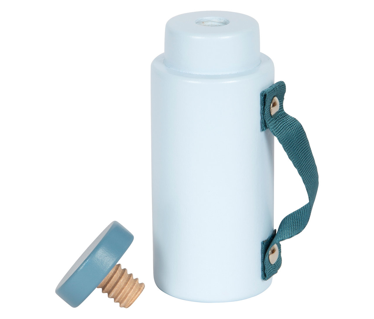 Eine hellblaue Thermosflasche mit abgeschraubtem Deckel und einem grünen Tragegriff.