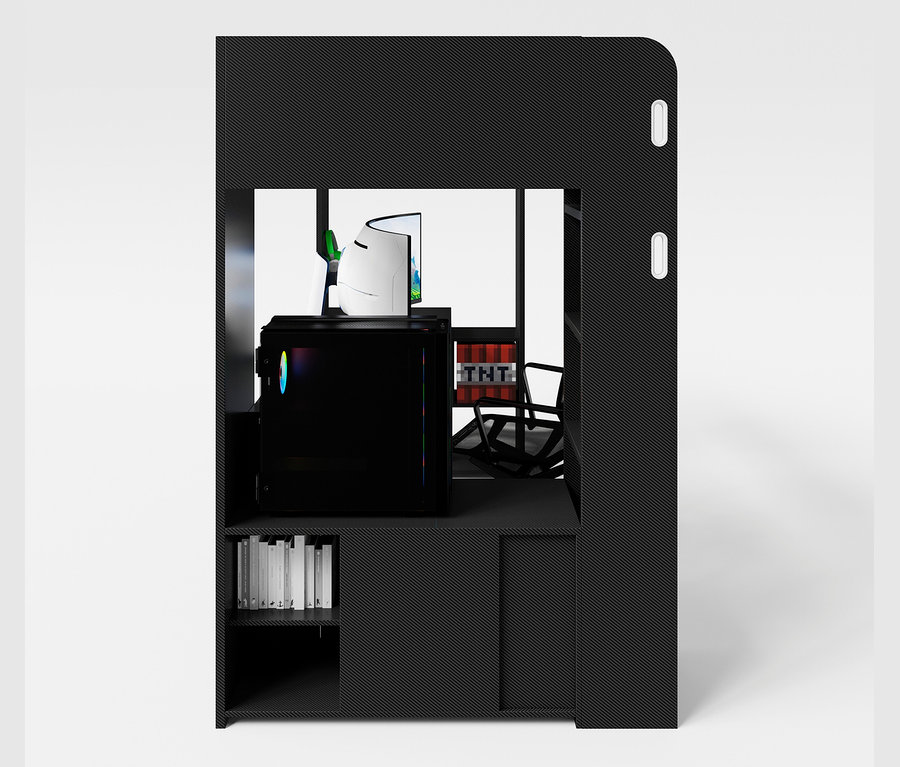Schwarz-graues roba Minecraft Gaming-Bett mit Schreibtisch, Gaming-Stuhl und Büchern.