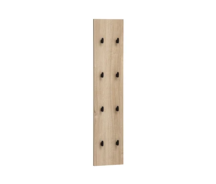 Holzfarbenes Hakenpaneel "Emmik" mit schwarzen Haken.