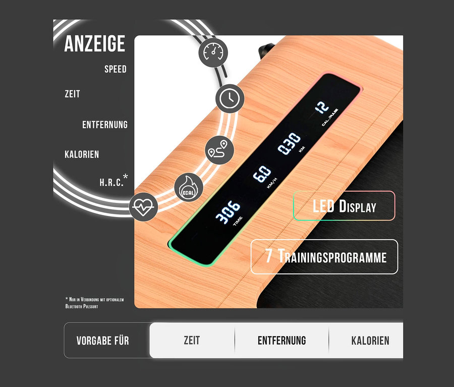 Detailansicht eines Walking-Pad »4.2 Holzoptik« mit LED-Anzeige für Zeit, Geschwindigkeit, Distanz und Kalorien.