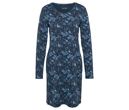 Blaues, langärmeliges Kleid mit Baum- und Tiermuster.