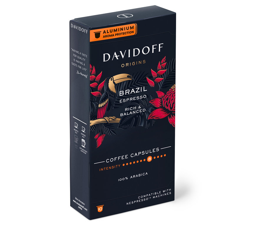 Eine Packung DAVIDOFF CAFÉ ORIGINS Brazil - 10 Kapseln mit einem Tukan-Bild.