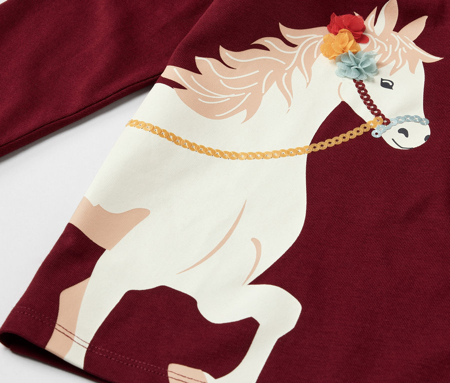 Detailaufnahme eines bordeauxroten Kinder-Langarmshirts mit Pferde-Aufdruck.