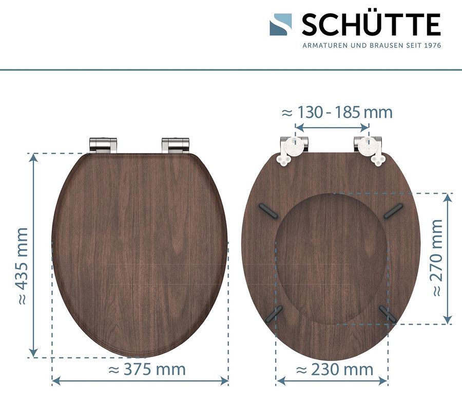 Zwei hölzerne Toilettendeckel nebeneinander mit markierten Abmessungen.