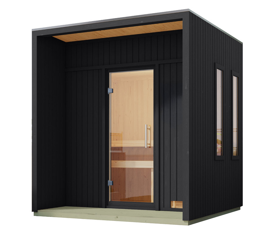 Schwarzes Karibu Saunahaus »Gwen mini« mit Glastür und zwei Fenstern.