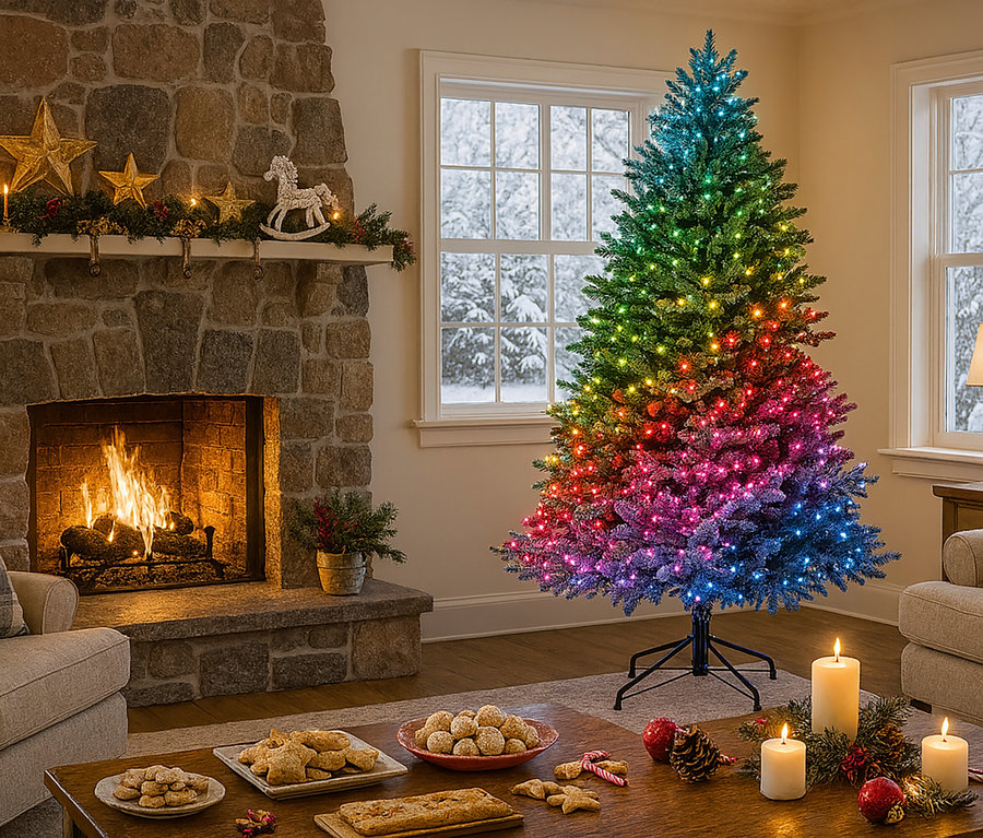 Beleuchteter Weihnachtsbaum im Wohnzimmer mit Kamin und Keksen auf dem Tisch.