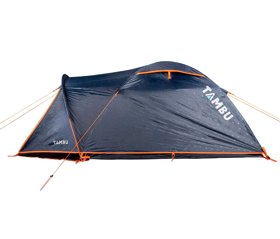 Dunkelblaues Tambu 2-Personen-Kuppelzelt »HAIKA 2» mit orangefarbenen Details.