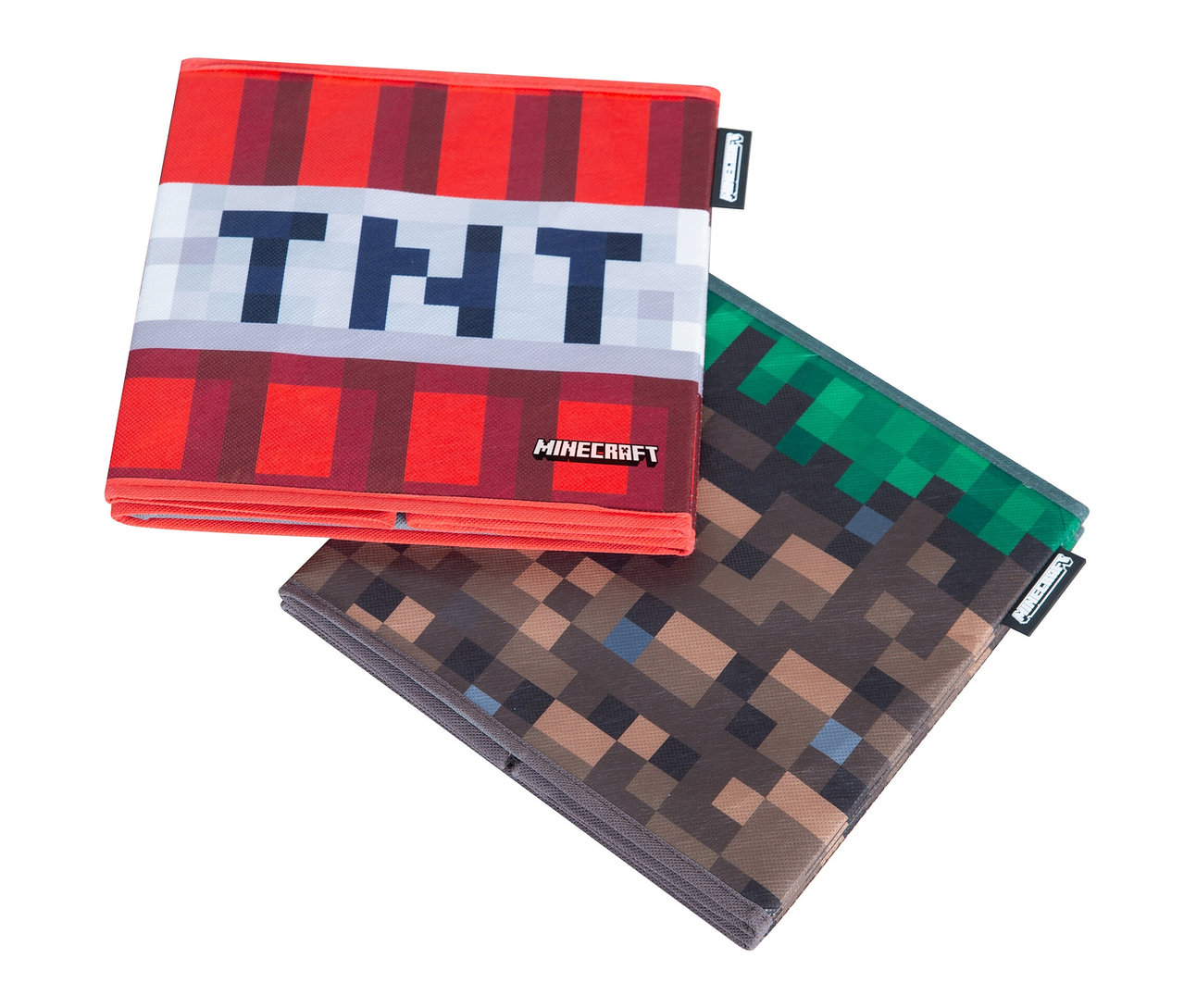 Zwei MINECRAFT Aufbewahrungsboxen, Grasblock und TNT-Block, sind zu sehen. Die Boxen sind quadratisch und haben ein pixeliges Design.