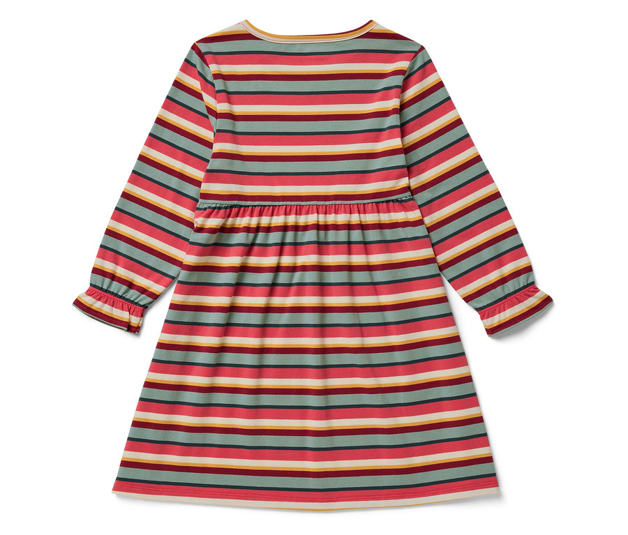 Rückansicht eines langärmeligen, gestreiften Kleides.