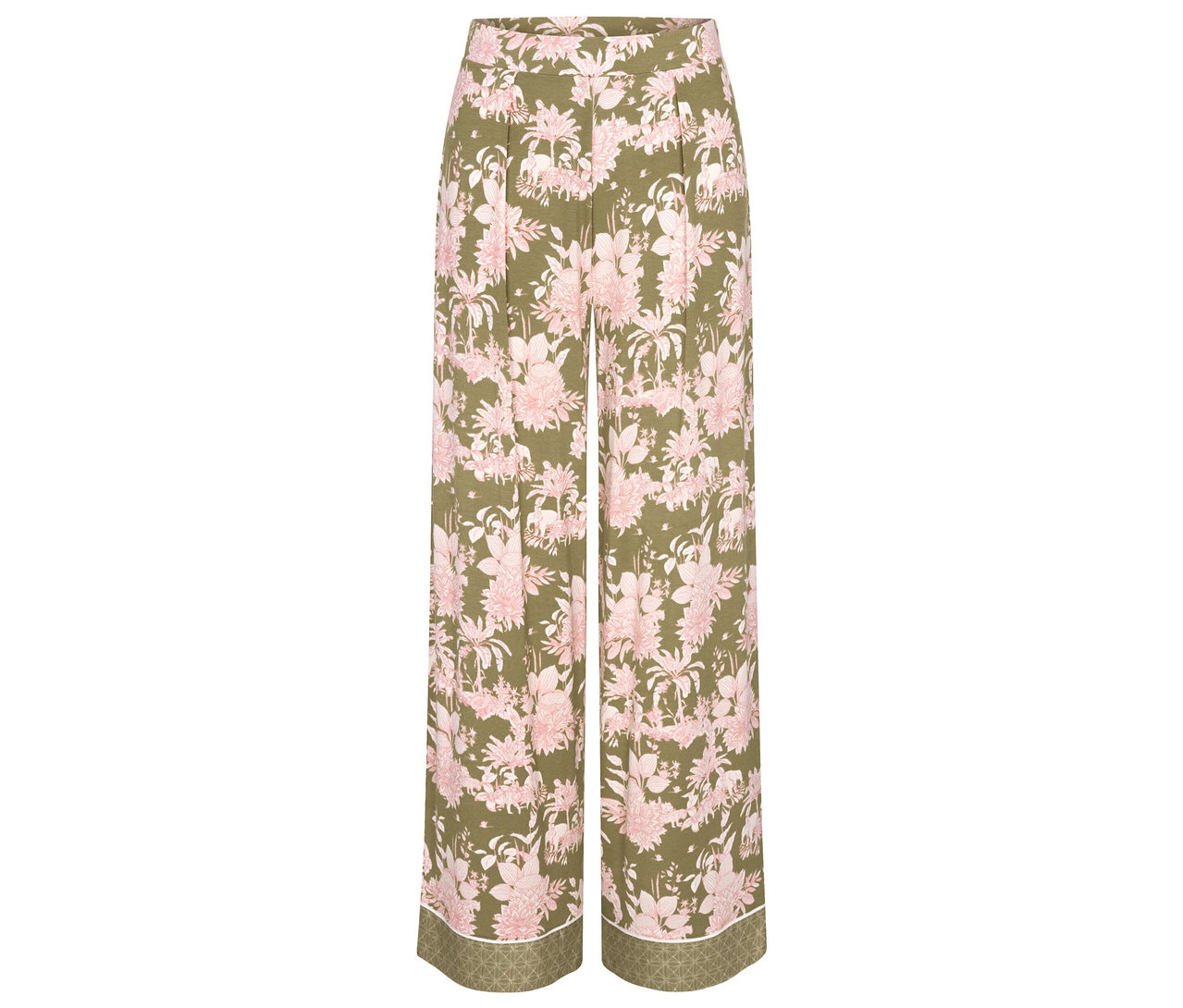 Olivegrüne Triumph Aura Spotlight Trousers mit rosafarbenem Blumen- und Tiermuster sowie gemustertem Saum.
