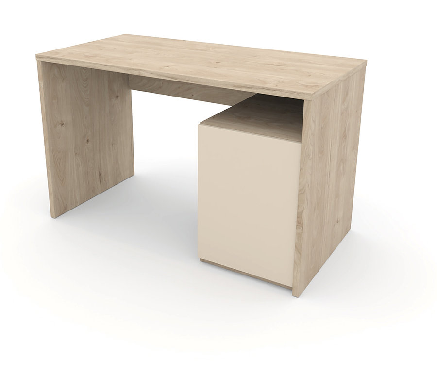 Der Roba Schreibtisch »Louisa« in hellem Holz und Beige steht auf einem weißen Untergrund.