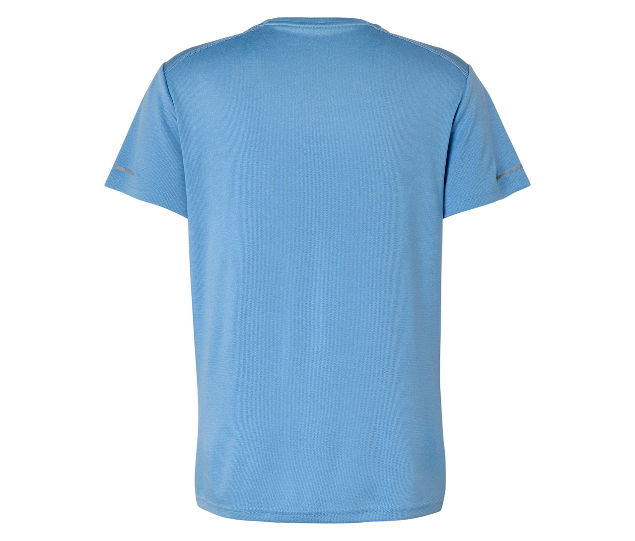 Rückansicht eines hellblauen T-Shirts mit kurzen Ärmeln.