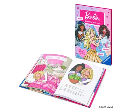 Aufgeschlagenes Barbie Buch, das Barbie als Pilotin, Sängerin und Forscherin zeigt.