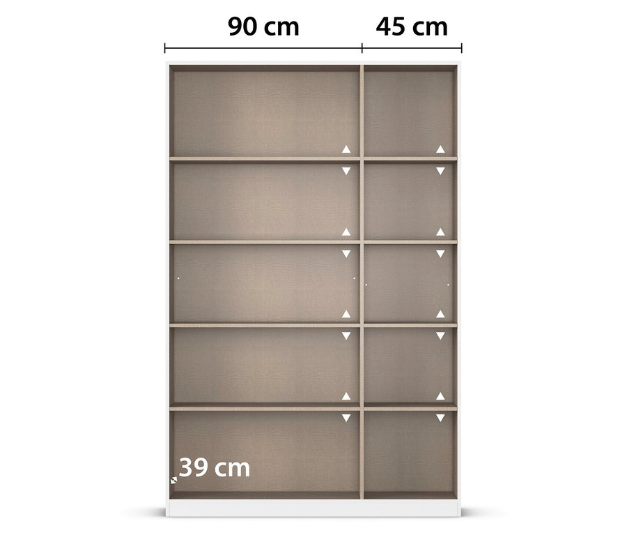 Draufsicht eines weißen Regals mit mehreren Regalböden. Die Maße sind 90 cm breit, 45 cm tief und 39 cm hoch.