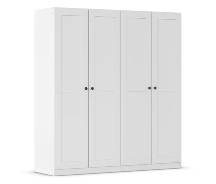 Weißer Kleiderschrank mit vier Türen und schwarzen runden Griffen.