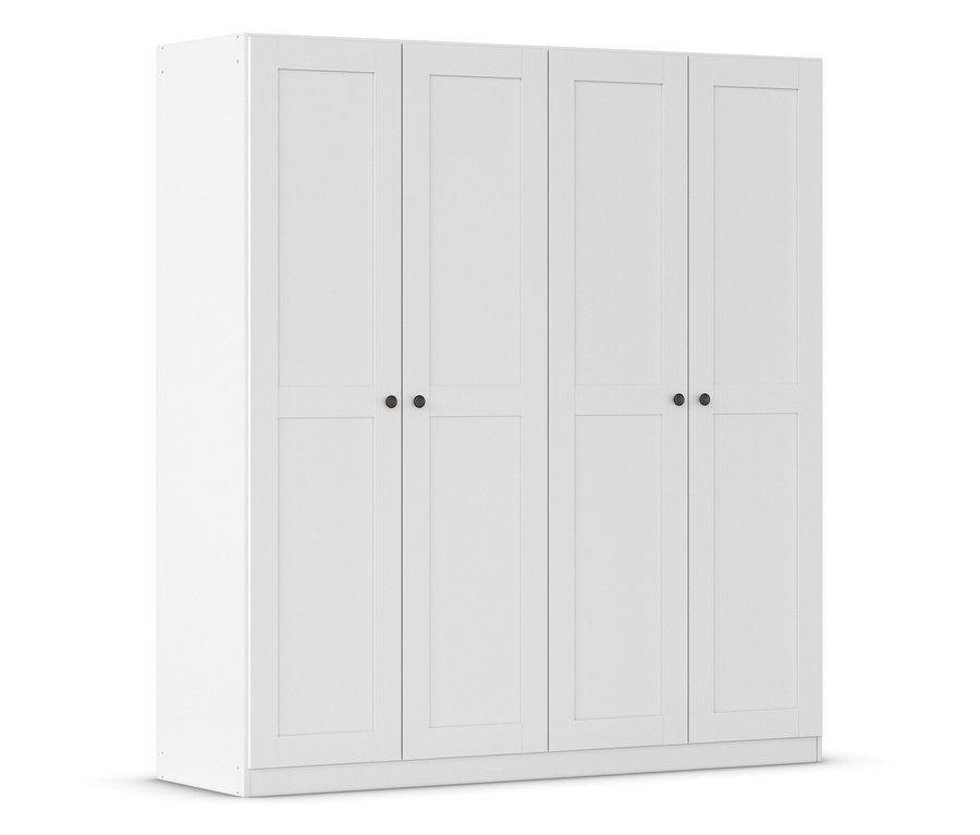 Weißer Kleiderschrank mit vier Türen und schwarzen runden Griffen.