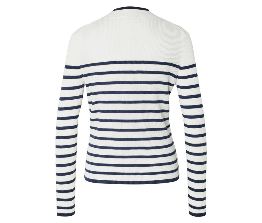 Rückansicht eines taillierten, langärmeligen, weißen Pullovers mit dunkelblauen horizontalen Streifen.