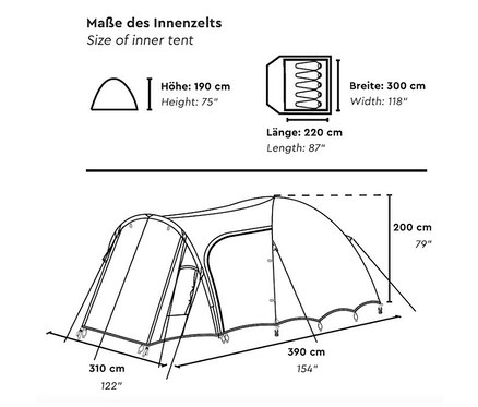 Skizze eines Innenzeltes mit Maßangaben in Zentimetern und Zoll.