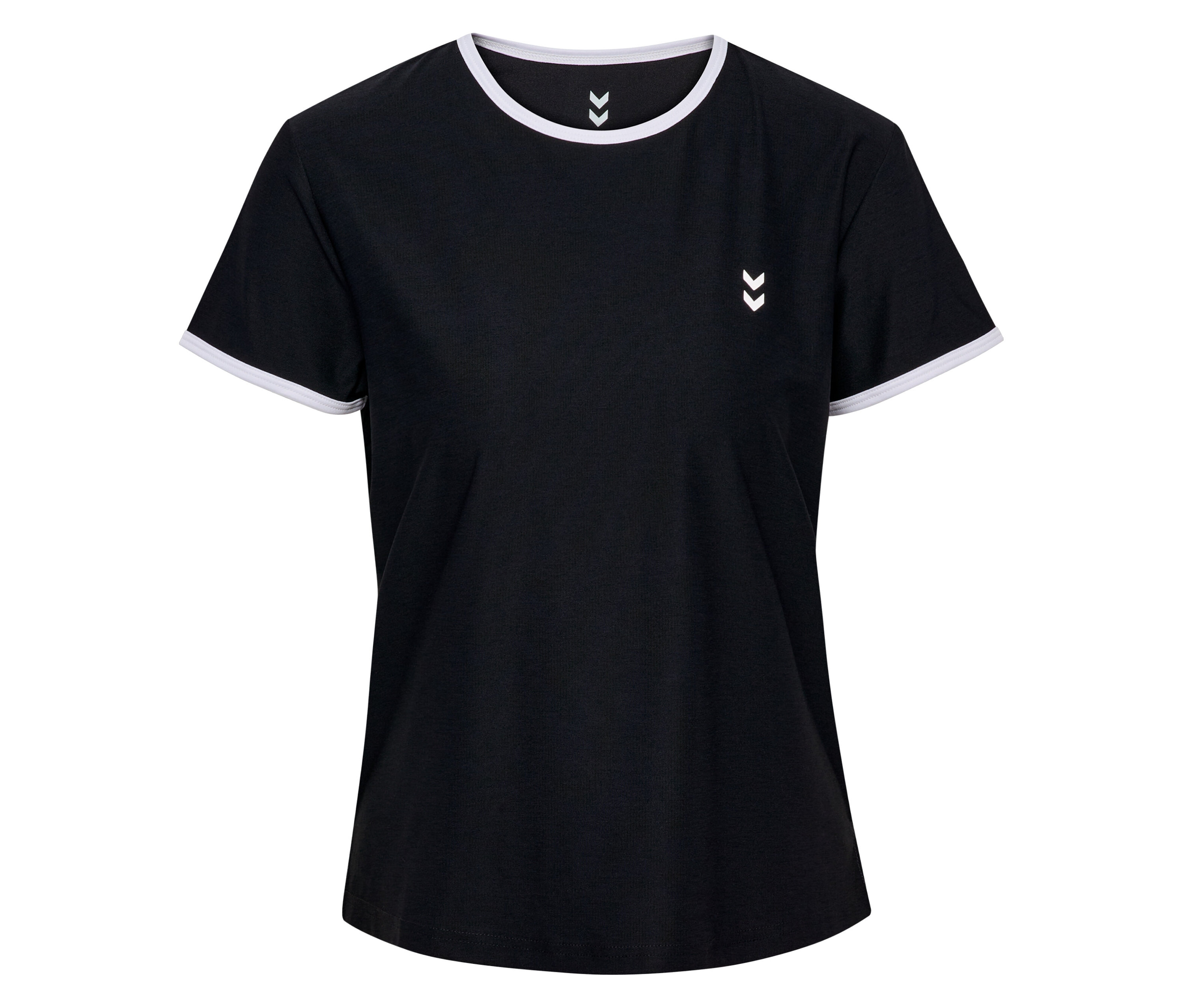Das HUMMEL Damen-T-Shirt ist schwarz mit weißen Akzenten an Ärmeln und Kragen sowie einem weißen Logo auf der Brust.