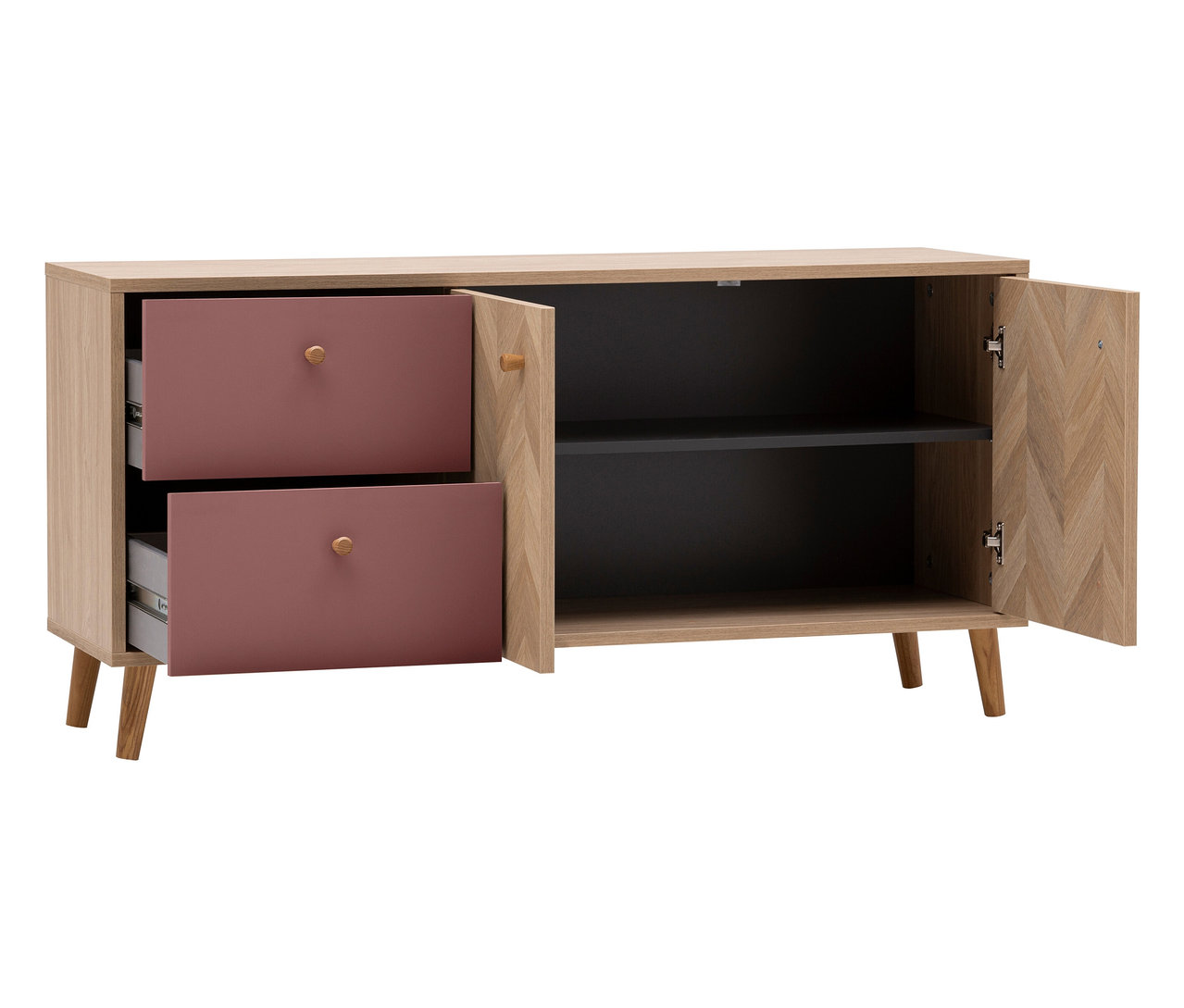 Ein Sideboard mit zwei Schubladen und einer offenen Tür, steht auf vier Füßen.