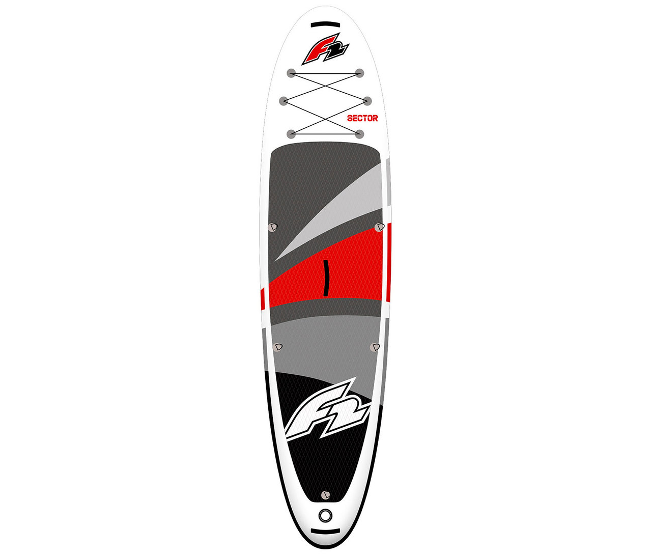 Weißes F2 SUP Board »Sector« in Großaufnahme, mit schwarzer Schnur und rotem, grauem und schwarzem Muster.