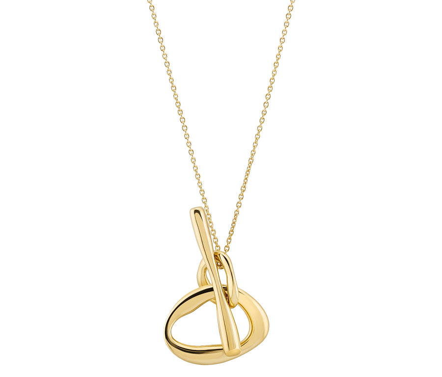 Goldene Halskette mit abstraktem Anhänger in Form eines durchbrochenen Kreises und eines Stabes.