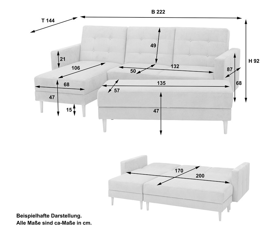 Abbildung des blau-grauen Federkern-Eckschlafsofas »Just Relax« mit Stauraumbank und Maßangaben in Zentimetern.
