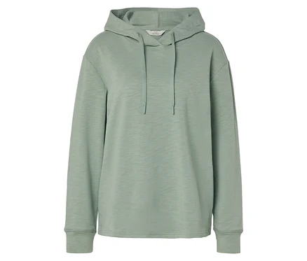 Hellgrüner Kapuzenpullover mit langen Ärmeln und Kordelzug.
