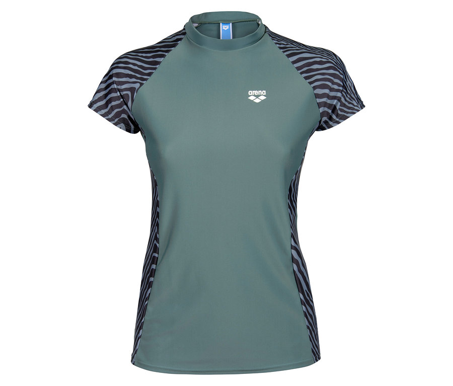 Grünes Arena Kurzarmshirt mit Zebramuster an Ärmeln und Seiten.