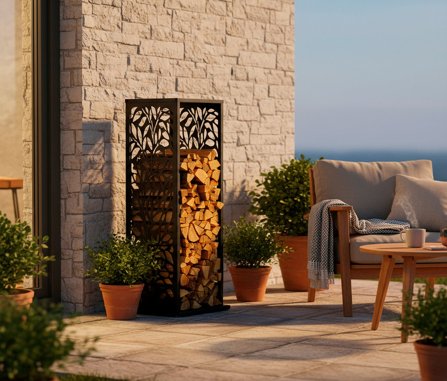 Metall-Brennholzregal mit Baumdesign gefüllt mit Holzscheiten auf einer Terrasse.