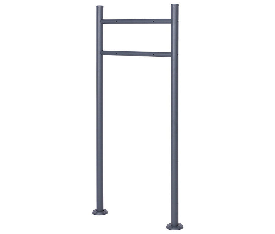 Eine graue Fahrradaufbewahrung mit zwei vertikalen Stangen und zwei horizontalen Stangen.