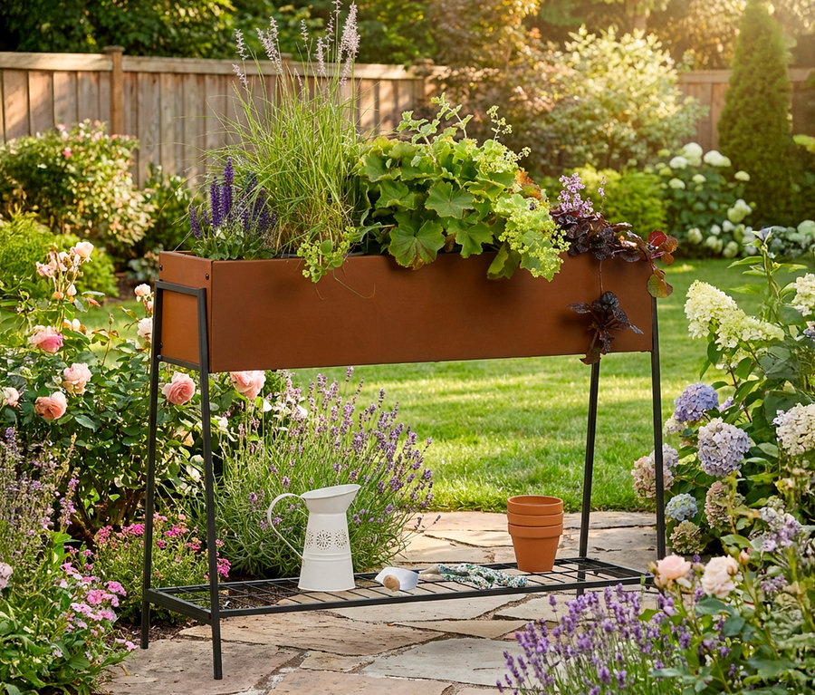 Ein edelrostfarbenes Hochbeet mit Ablage, bepflanzt mit verschiedenen Pflanzen, steht in einem Garten.
