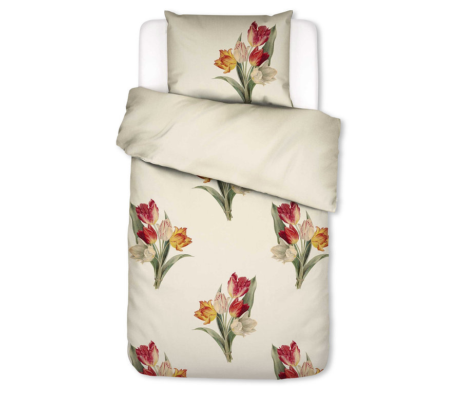 Essenza Satin-Bettwäsche »Tosca«, Normalgröße, in hellem Cremeton mit roten, gelben und weißen Tulpensträußen.