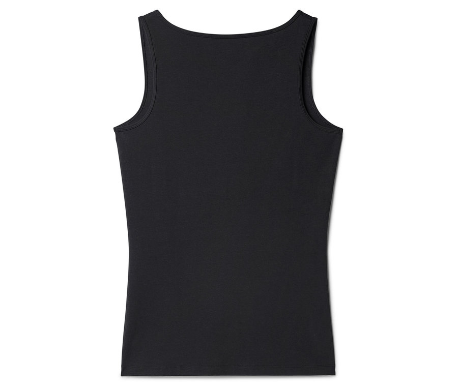 Rückansicht eines schwarzen Tanktops mit breiten Trägern und geradem Ausschnitt.